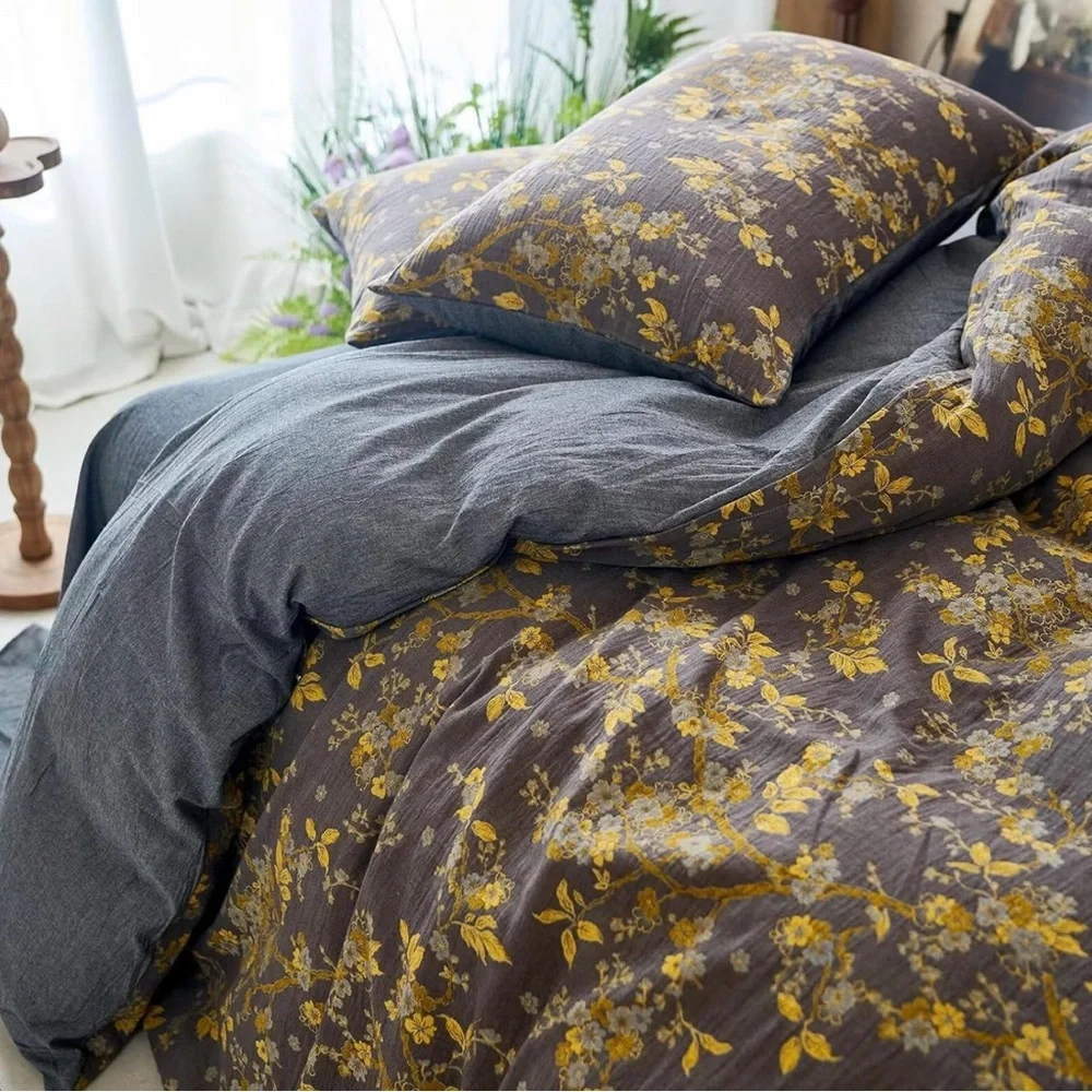 NEW Anthro Gold Jacquard 100% Cotton Boho Queen / King Bedding Duvet & Sham Set